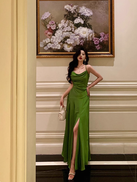 Sexy A line Spaghetti Straps Green Slit 21st Birthday Dress Holiday Party Birthday Outfits For Women DP0179