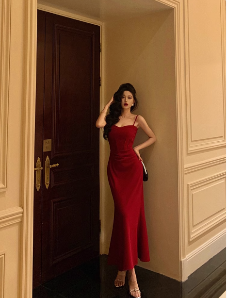 Pretty Mermaid Spaghetti Straps Burgundy 18th Birthday Dress Long Party Birthday Outfits For Women DP0158