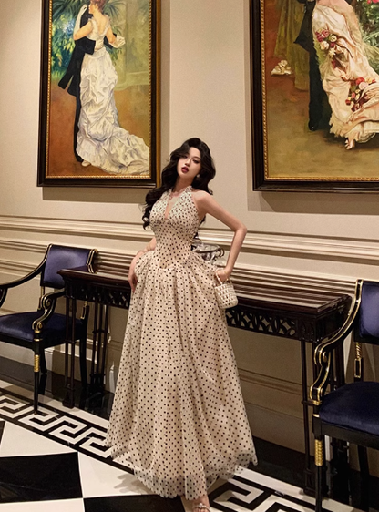 Sexy A line Halter Polka Dot Halter Neck 18th Birthday Dress Long Party Birthday Outfits For Women DP0160