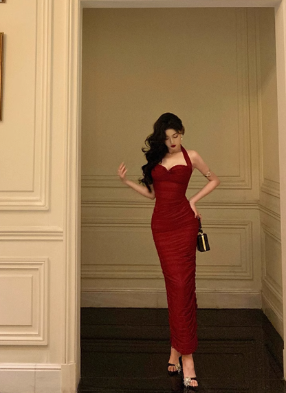 Vintage Sheath Halter Neckline Red Satin Sleeveless 18th Birthday Dress Party Gown Birthday Outfits For Women DP0210