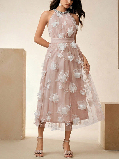 3D Floral Mesh Rhinestone Decorated Waist Sleeveless Floral Dress