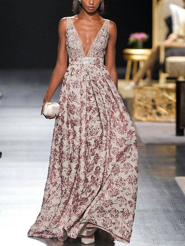 V-neck Sleeveless Printed Maxi Dress