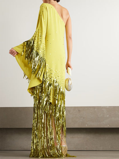 Off-shoulder Sequin Solid Color Maxi Dress