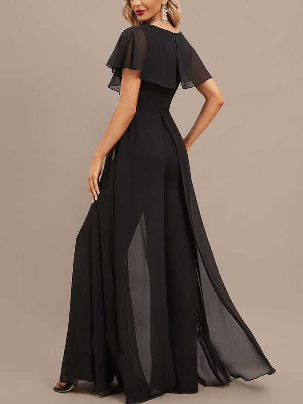 Jumpsuit/Pantsuit V-Neck Floor-Length Chiffon Evening Dress