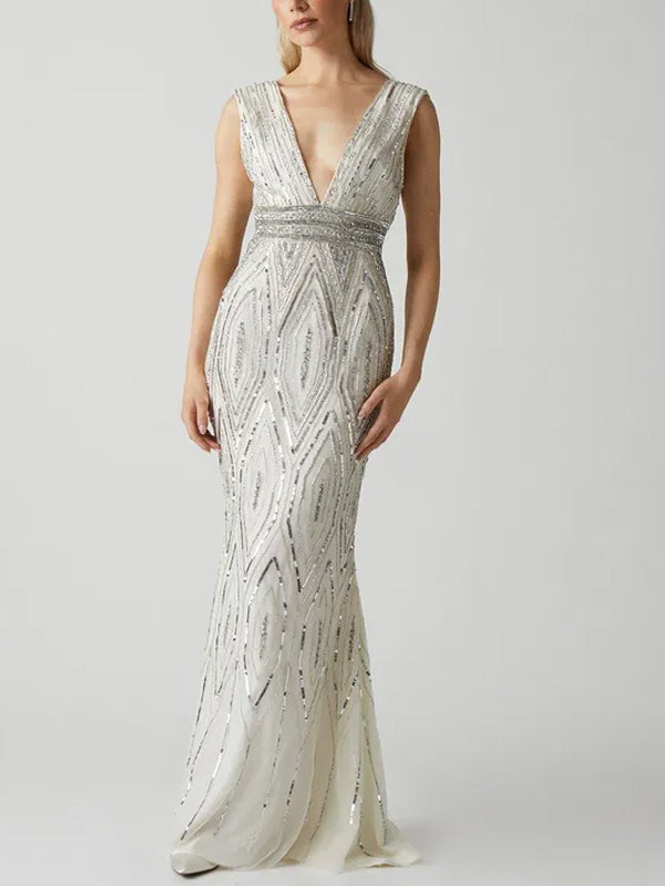 V-neck Sleeveless Sequins Maxi Dress