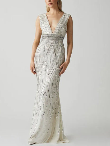 V-neck Sleeveless Sequins Maxi Dress