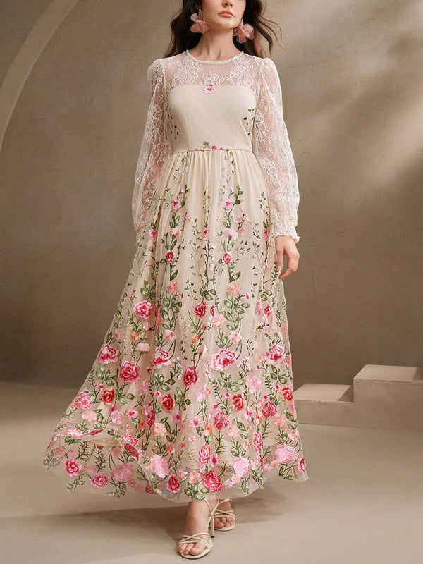 Women's Lace Embroidered Floral Transparent Lantern Sleeve Dress