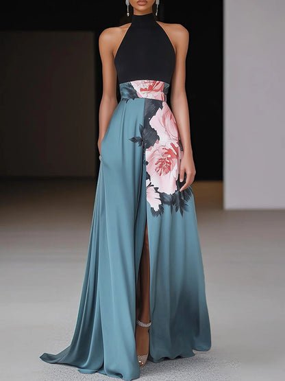 Black Slit Floral Satin Halter Sleeveless A-Line Maxi Dress