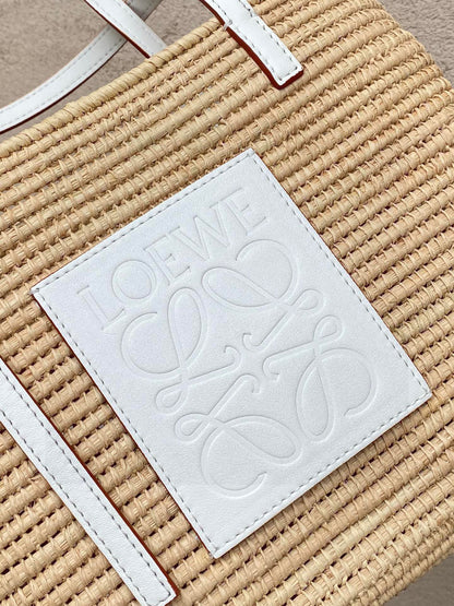 Loewe Small Square Basket Bag In Raffia And Calfskin NaturalWhite