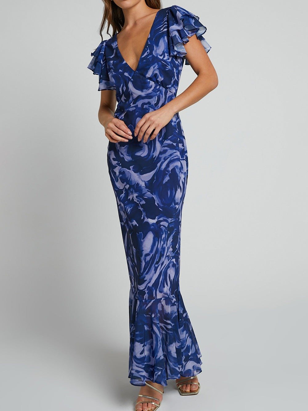 loveedsTM-Navy Swirl V-Neck Flutter Sleeve Maxi Dress