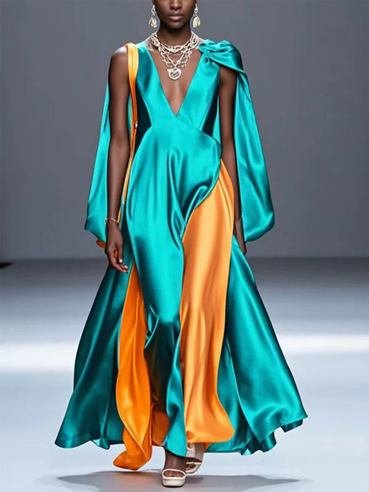 Teal V-neck Silk Maxi Dress