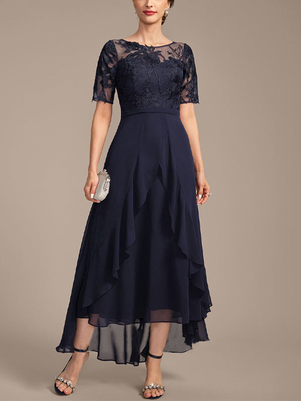 Round Neck Short Sleeve Lace Solid Color Midi Dress