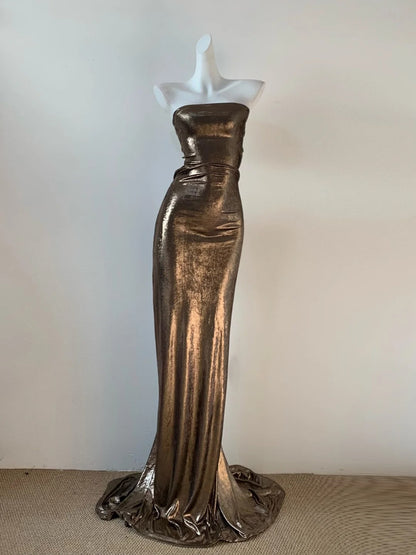 Gold Cyberpunk Wasteland Dress Metallic Simple Fashion Elegant Long Satin Floor-Length Train Backless Sexy Mermaid Slim Ball Gown Evening Gown Prom Dress Birthday Party Dress gh3907