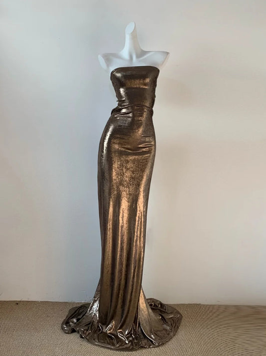 Gold Cyberpunk Wasteland Dress Metallic Simple Fashion Elegant Long Satin Floor-Length Train Backless Sexy Mermaid Slim Ball Gown Evening Gown Prom Dress Birthday Party Dress gh3907