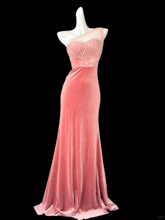 Pink shiny simple fashion elegant sweetheart neckline one shoulder long velvet sequined tulle floor-length trailing ball gown evening dress prom dress gh4073
