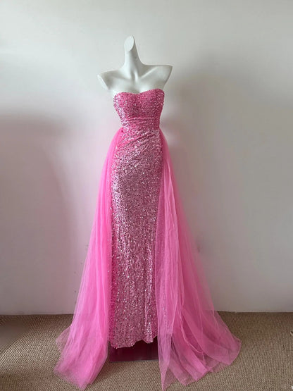 Pink Gorgeous Shiny Fashion Elegant Long Floor Length Sequined Tulle Ball Gown Evening Gown Party Dress Prom Gown gh4041