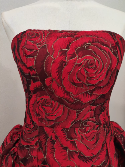 Cute Ball Gown Strapless Red Satin Floral Cocktail Dress Short Birthday Outfits SD402