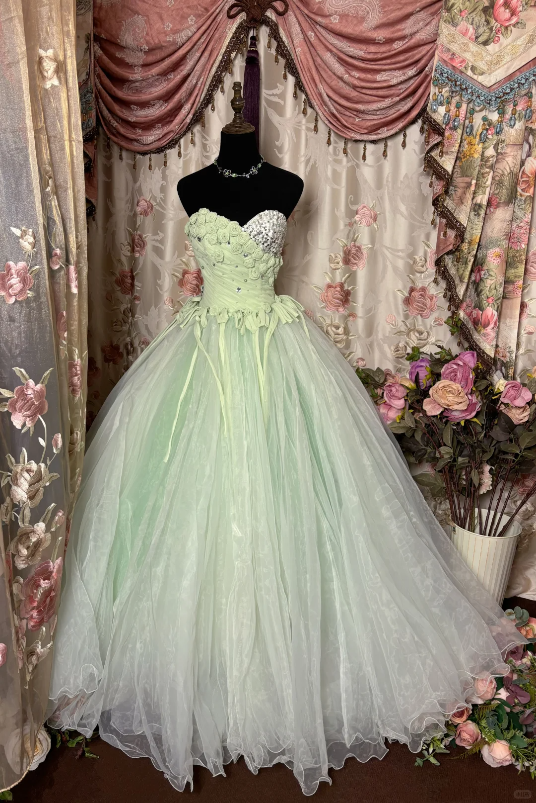 Vintage Light Green Ball Gown One Shoulder Flower Organza Long Prom Dress Evening Dress SH3734