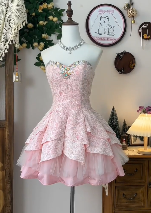 Classy Pink Satin Lace Beaded Formal Homecoming Dress Strapless A Line Mini Party Dress S453
