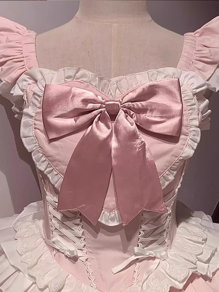 Cute Ball Gown Square Neckline Floral Lace Party Dresses Pink Birthday Outfits With Bowknots SD455