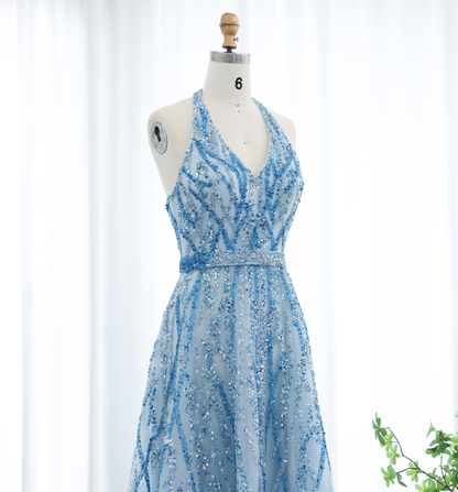 Blue A Line V Neck Sequin Beaded Tulle Long Prom Dress Evening Dress SH2375