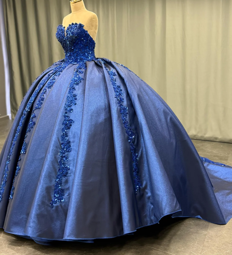 Pretty Ball Gown Sweetheart Neck Sequin Appliques Dark Blue Satin Sweet 16 Dress, Quinceanera Dress SH3039