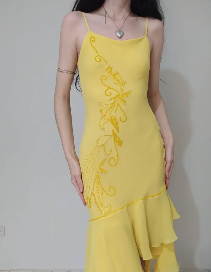 Cute Sheath Spaghetti Strap Beaded Yellow Ruffle Chiffon Prom Dress Graduation Prom Dress SH2569