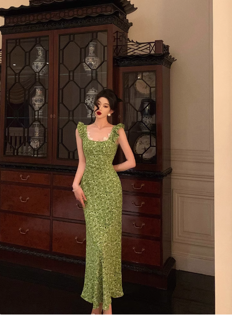 Vintage Mermaid Square Neckline Green Floral Sleeveless 18th Birthday Dress Party Gown Birthday Outfits For Women DP0200