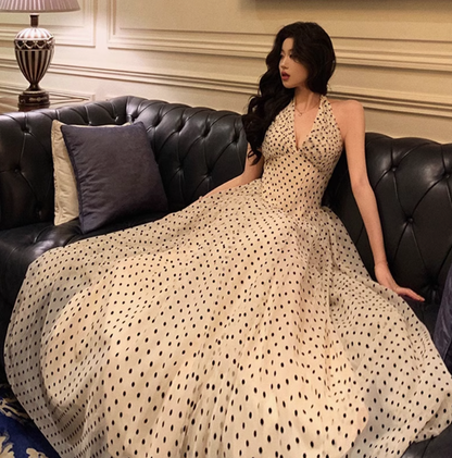 Sexy A line Halter Polka Dot Halter Neck 18th Birthday Dress Long Party Birthday Outfits For Women DP0160