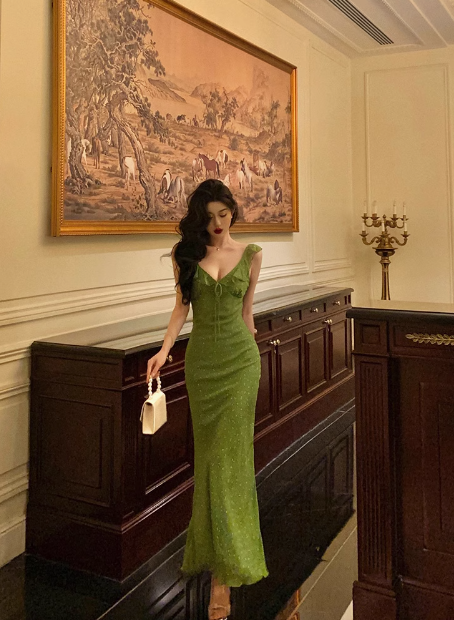 Vintage Mermaid V Neckline Green Floral Sleeveless 18th Birthday Dress Party Gown Birthday Outfits For Women DP0202