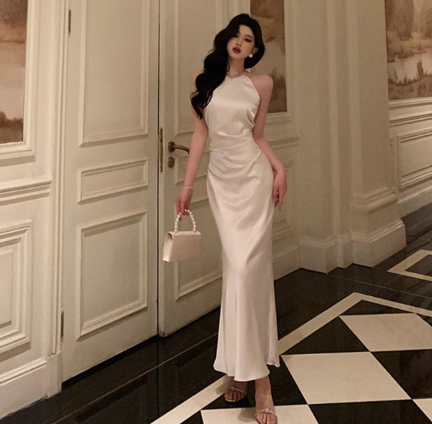 Sexy Mermaid Halter White Satin 18th Birthday Dress Ankle Length Party Birthday Outfits For Women DP0162