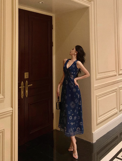 Vintage A line V Neckline Navy Blue Chiffon 18th Birthday Dress Party Gown Birthday Outfits For Women DP0196