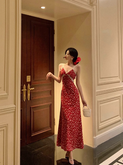 Cute A line V Neckline Red Floral Sleeveless 18th Birthday Dress Party Gown Birthday Outfits For Women DP0207