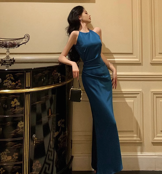 Pretty Mermaid Halter Navy Blue Satin 18th Birthday Dress Party Birthday Outfits For Women DP0167