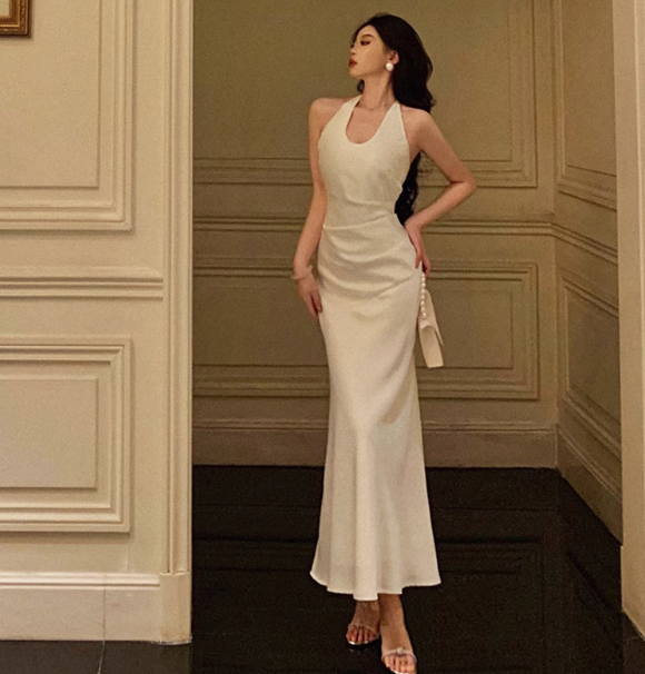 Sexy Mermaid Halter White Satin 18th Birthday Dress Ankle Length Party Birthday Outfits For Women DP0164