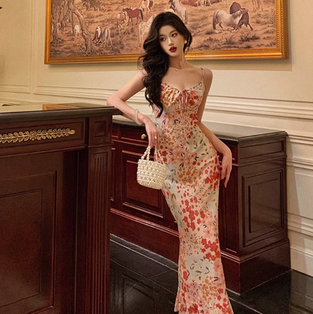 Sexy Mermaid Spaghetti Straps Floral Pink 18th Birthday Dress Holiday Party Birthday Outfits For Women DP0161