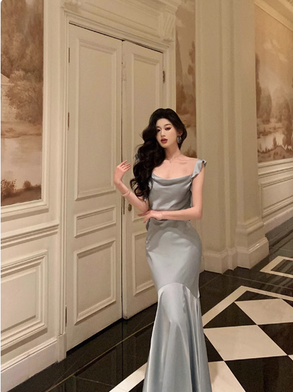 Vintage Mermaid Square Neckline Light Blue Satin Sleeveless 18th Birthday Dress Party Gown Birthday Outfits For Women DP0205