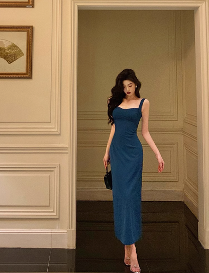 Vintage Sheath Square Neckline Blue Satin Sleeveless 18th Birthday Dress Party Gown Birthday Outfits For Women DP0206