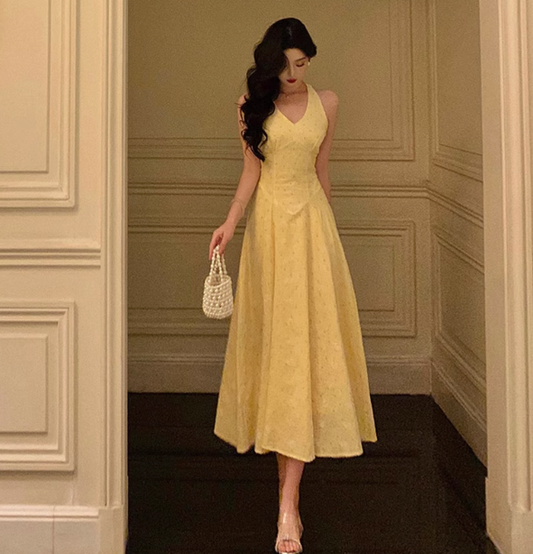 Sexy A line Halter Yellow 18th Birthday Dress Long Party Birthday Outfits For Women DP0184