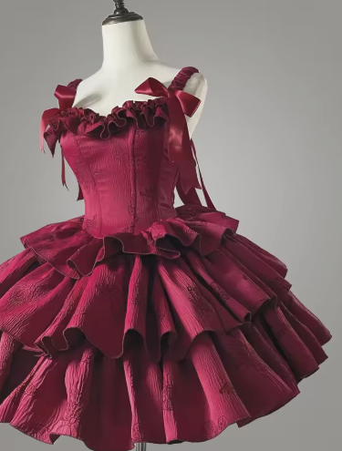 Sweet Satin Multi-Layered Print Floral A Line Homecoming Dress Red Spaghetti Straps Birthday Dress  S448