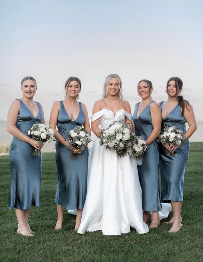 Cute Sheath V Neck Blue Satin Bridesmaid Dress Evening Dress SH2833