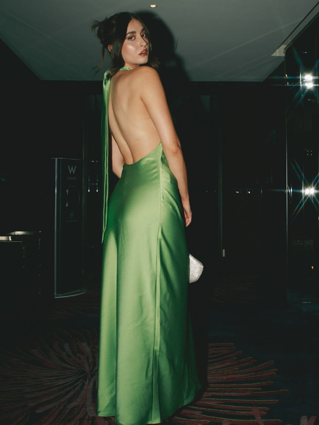 Charming A Line Halter Green Satin Long Open Back Prom Dress Evening Dress SH2109