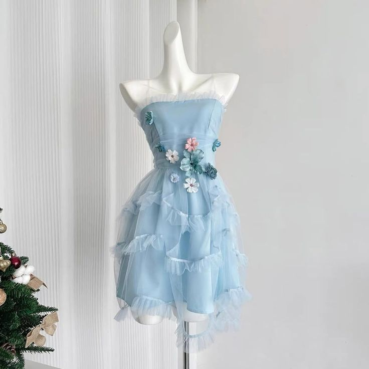 Beautiful Strapless Blue Tulle Flowers Women Dress Short A Line Travel Vacation Dress S838