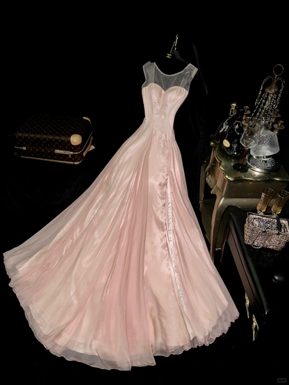 Classy A Line Round Neck Pink Tulle Satin Prom Dress Evening Dress SH3104