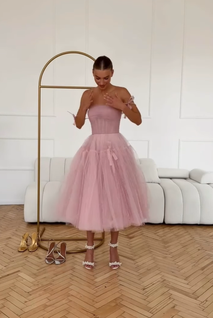 Pink A Line Spaghetti Strap Tulle 18th Birthday Dress Prom Dress SH3848