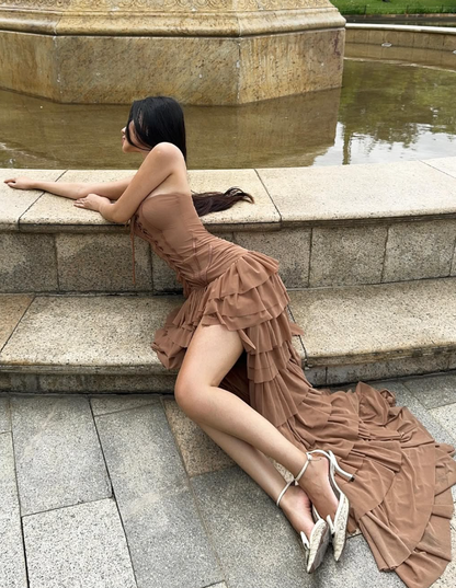 Sexy A Line Sweetheart Neck Tiered Brown Tulle Prom Dress Evening Dress with Slit SH2021