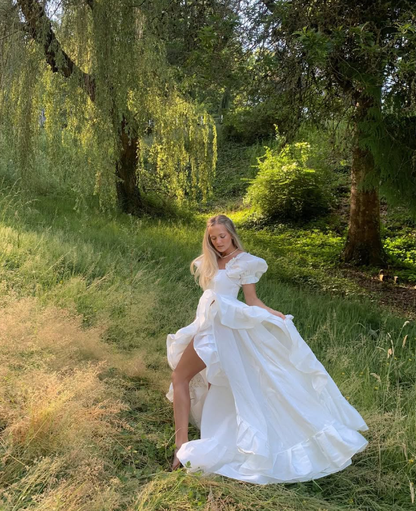 Cute A Line Puff Sleeves White Satin Long Prom Dress Birthday Dress with Slit SH2073