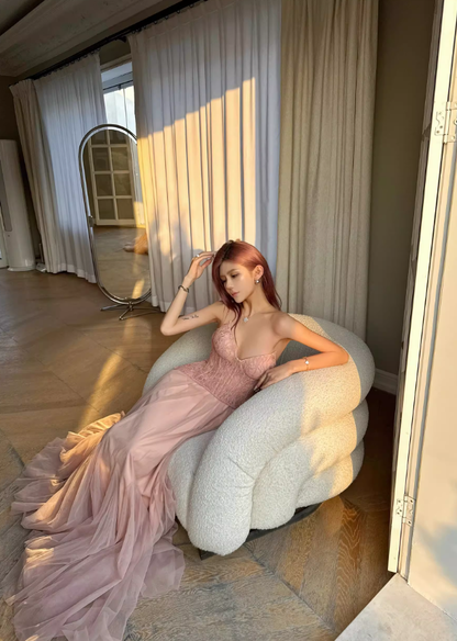 Pink Princess A Line Sweetheart Neck Tulle Lace Long Prom Dress Party Dress Birthday Dress SH3755