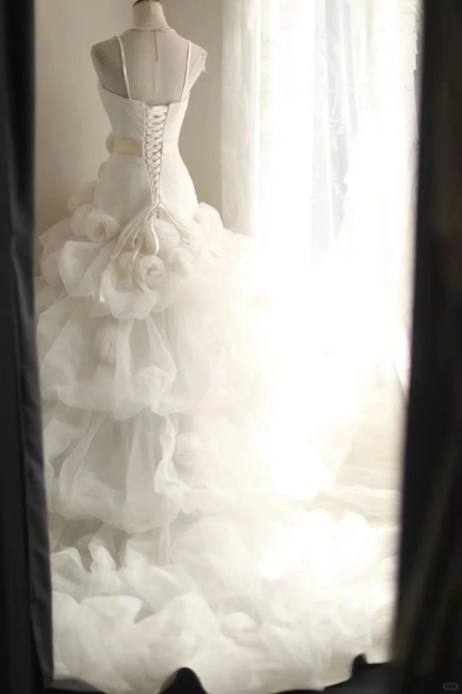 Romantic White Tulle Pleated A Line Princess Wedding Dress S538