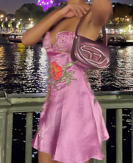 Sexy Strapless Satin Sequin Birthday Outfits Pink Short Party Dress S792